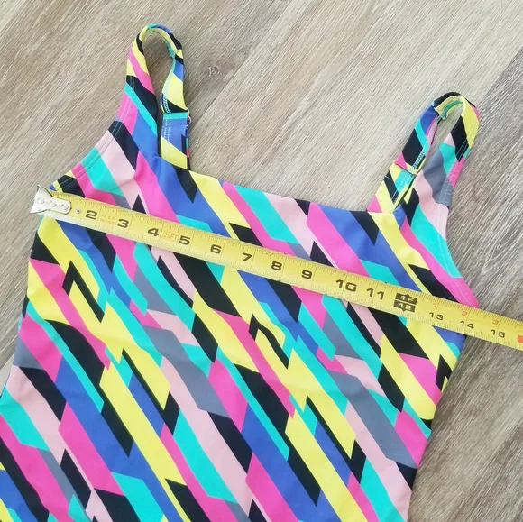 Relleciga One Piece Swimsuit Color Block Geometric Neon Stripe Bodysuit NWT - Picture 10 of 14